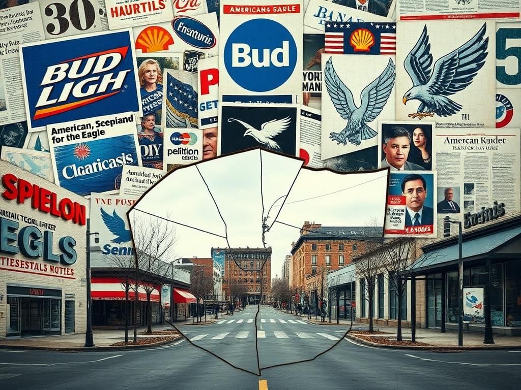 Flick International Collage of advertising elements symbolizing modern American cultural polarization