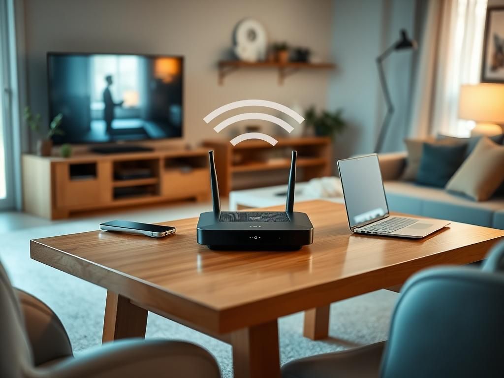 Flick International Modern Wi-Fi router on a wooden table surrounded by digital devices
