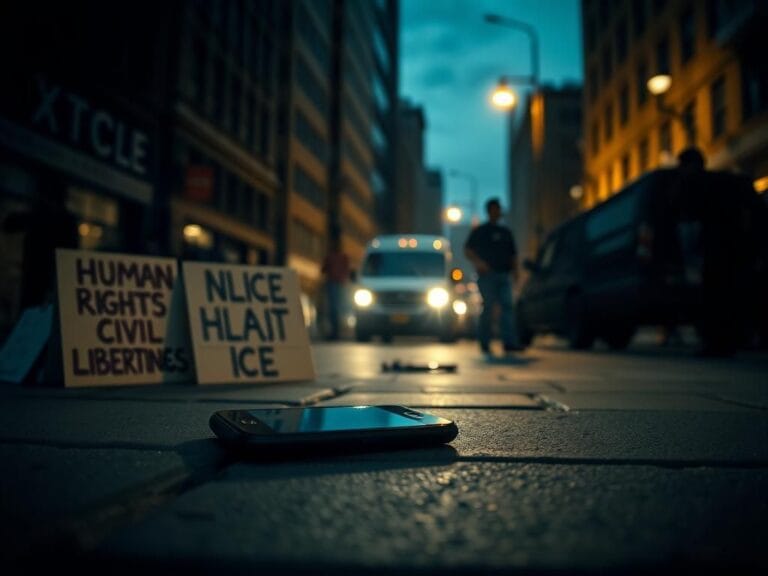 Flick International Smartphone on pavement capturing a live moment during an ICE enforcement operation surrounded by protest signs.