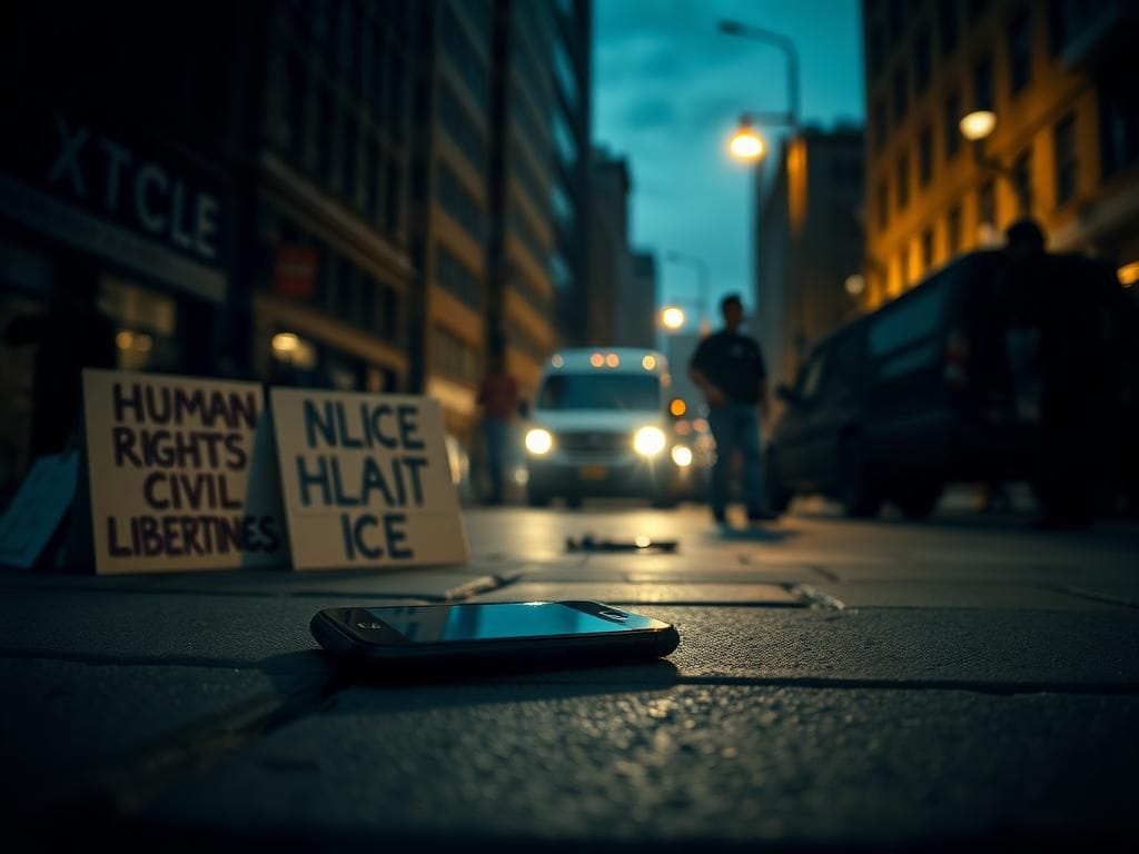 Flick International Smartphone on pavement capturing a live moment during an ICE enforcement operation surrounded by protest signs.
