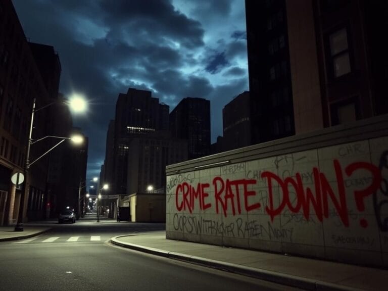 Flick International Urban night scene in Chicago with graffiti about crime rate