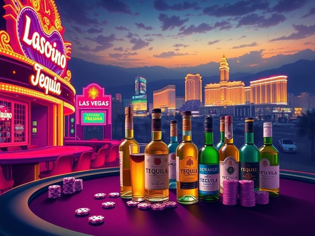 Flick International A vibrant illustration of Las Vegas nightlife with a neon-lit casino facade and an empty gaming table adorned with poker chips and dice.