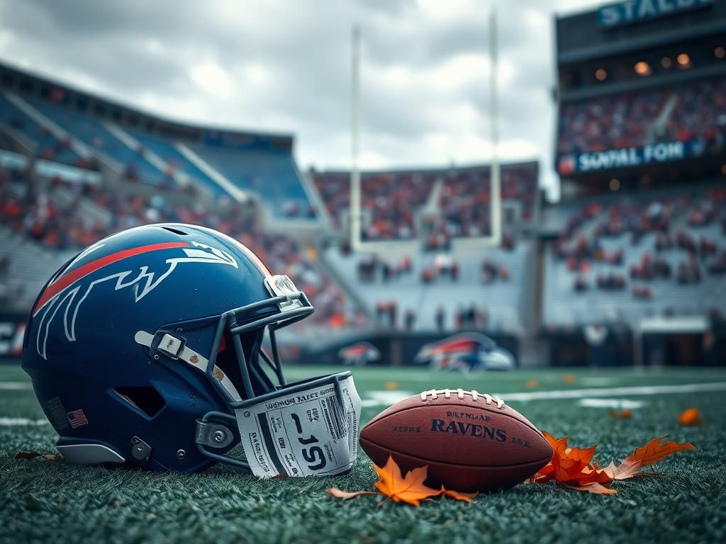 Flick International Close-up of a Baltimore Ravens helmet with scuff marks placed on the ground beside a crumpled game ticket at an empty NFL stadium