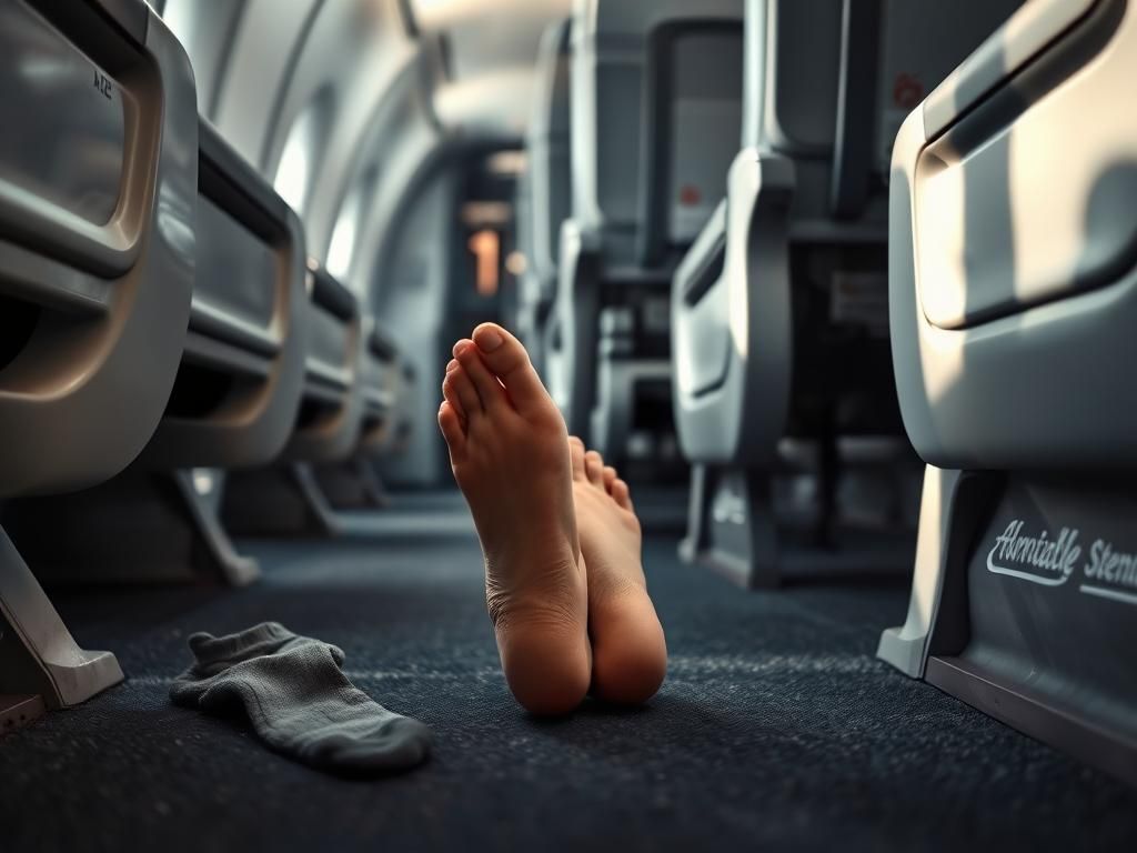 Flick International A close-up shot of bare feet resting on an airplane seat, emphasizing hygiene concerns on plane interiors.