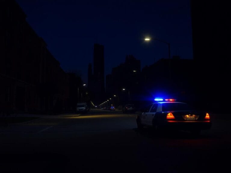 Flick International Nighttime view of a deserted Chicago street with a parked police car and flickering streetlights.