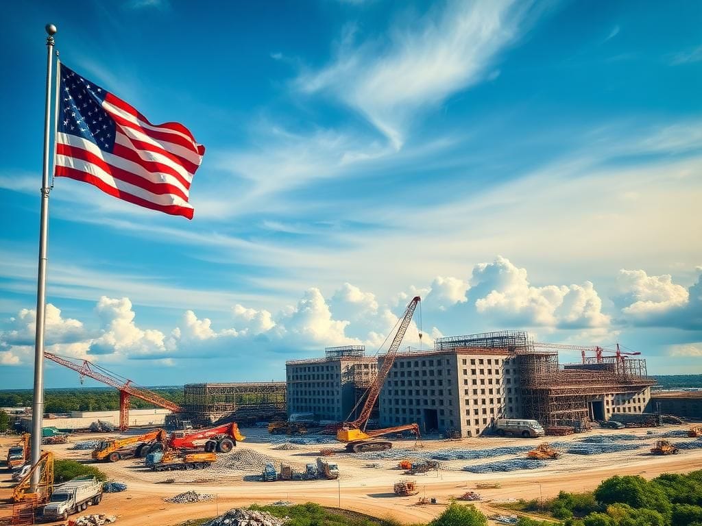 Flick International Aerial view of the Hyundai battery plant construction site in Georgia with cranes and American flag