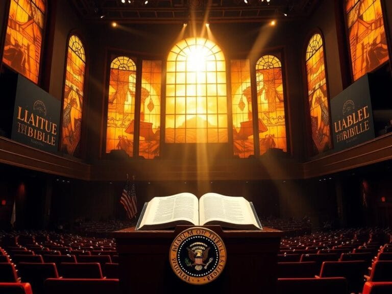 Flick International Dramatic scene inside a grand auditorium with presidential seal podium