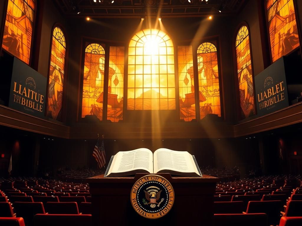 Flick International Dramatic scene inside a grand auditorium with presidential seal podium