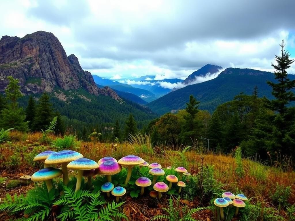 Flick International Vibrant patch of psychedelic mushrooms in the Catskill Mountains