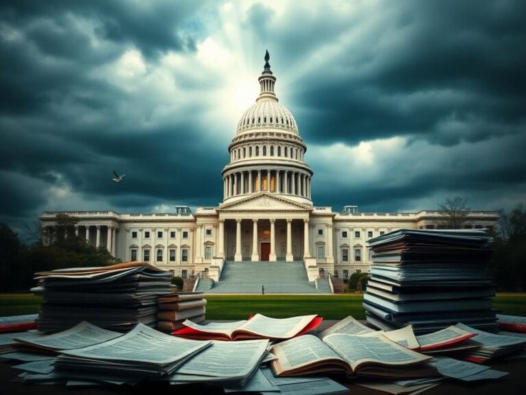 Flick International Abstract representation of the U.S. Capitol Building surrounded by fragmented legislative documents.