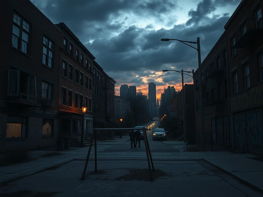 Flick International Desolate street corner in Chicago's South Side at dusk with abandoned buildings and graffiti
