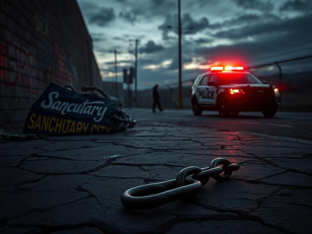 Flick International A dark urban landscape at dusk with cracked pavement and a broken chain symbolizing crime and consequence