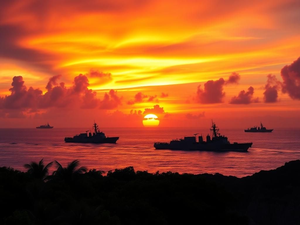 Flick International A vibrant sunset over the Caribbean Sea with naval ships patrolling the waters