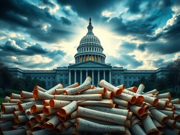 Flick International U.S. Capitol building under a dramatic sky with unrolled scrolls representing amendments