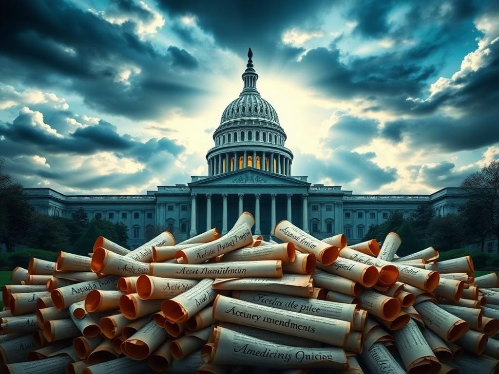 Flick International U.S. Capitol building under a dramatic sky with unrolled scrolls representing amendments