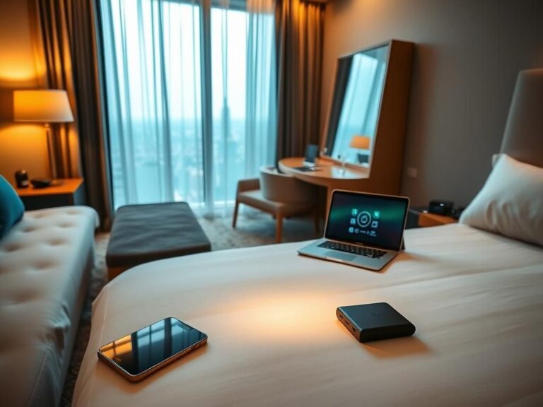 Flick International Cozy hotel room with a neatly made bed and smartphone flashlight illuminating a reflective surface