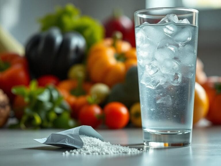 Flick International Close-up of a transparent glass of diet soda with a packet of sucralose nearby, depicting a cautionary contrast with healthy foods.