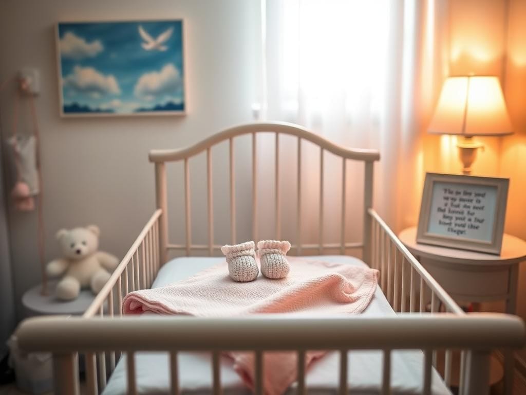 Flick International Soft pink baby blanket draped over an empty hospital nursery crib with knitted booties