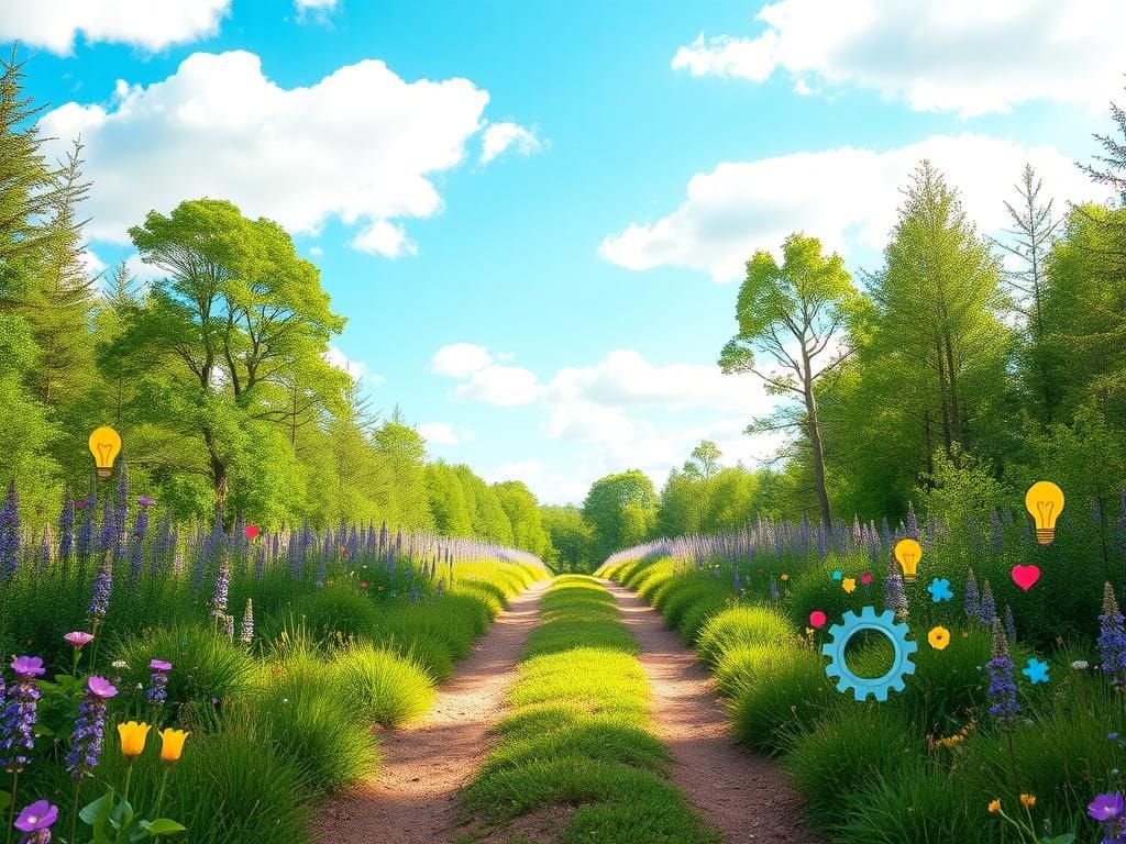 Flick International Lush green forest path symbolizing self-discovery journey with colorful ADHD icons