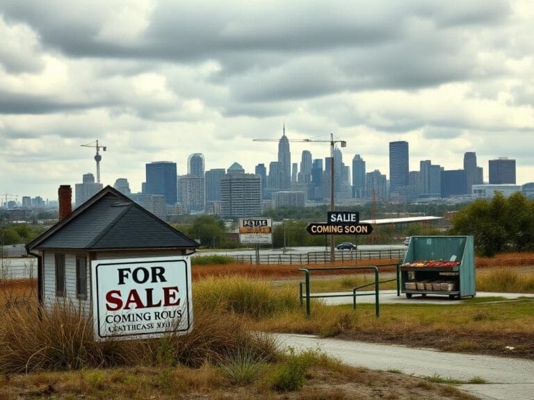 Flick International Abandoned house with overgrown weeds and a gloomy skyline representing economic decline
