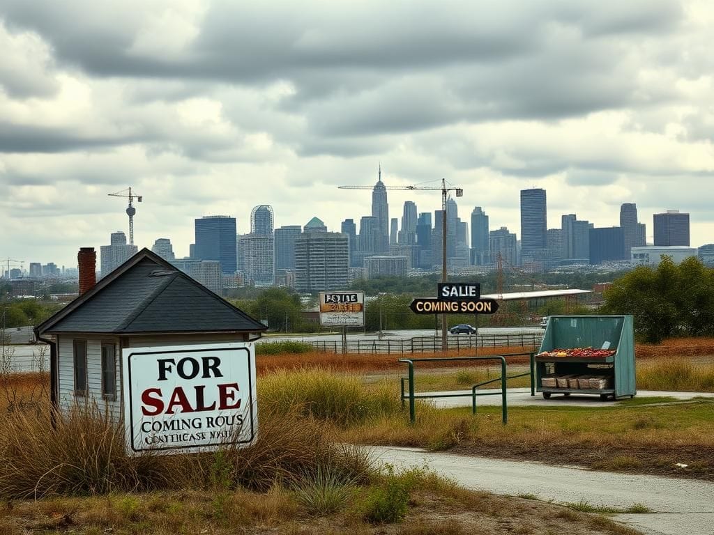 Flick International Abandoned house with overgrown weeds and a gloomy skyline representing economic decline