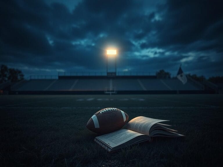 Flick International A deserted football field at dusk with a spotlight on a football, symbolizing the struggles of the Giants after a loss.