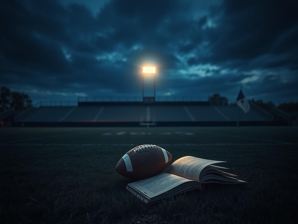 Flick International A deserted football field at dusk with a spotlight on a football, symbolizing the struggles of the Giants after a loss.
