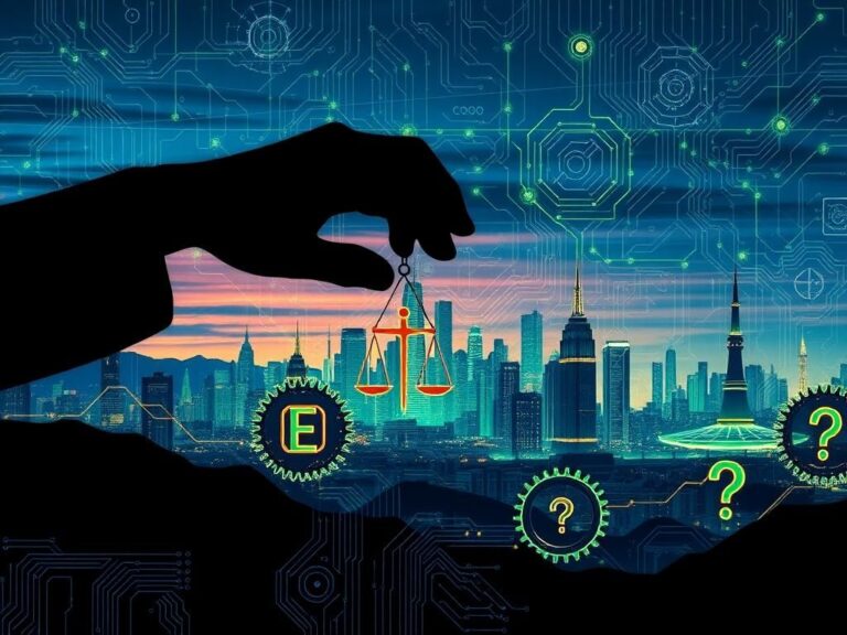 Flick International Abstract representation of artificial intelligence dominating a city skyline at dusk