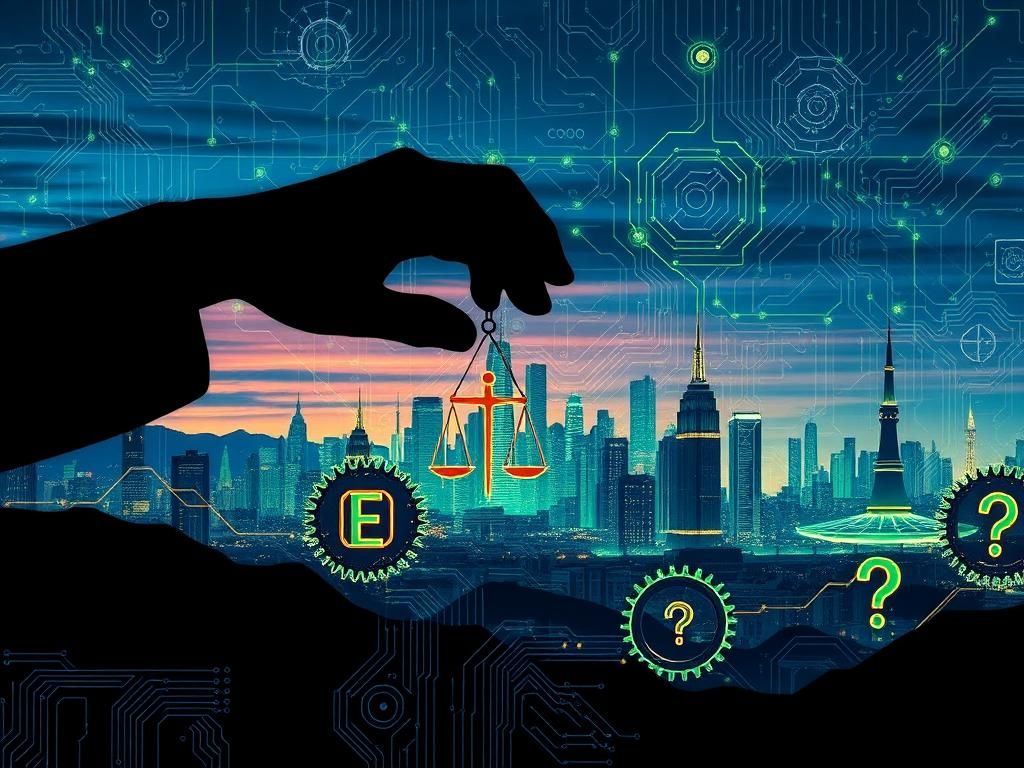 Flick International Abstract representation of artificial intelligence dominating a city skyline at dusk