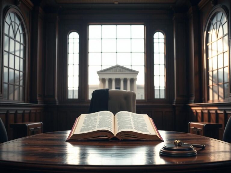 Flick International A solemn courtroom scene with a law book and gavel, symbolizing justice