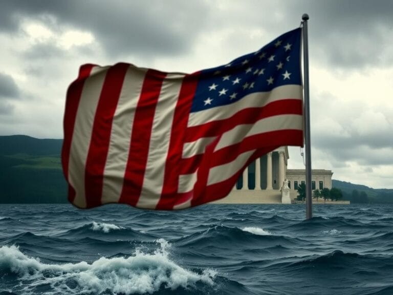 Flick International A partially obscured American flag over a stormy sea, symbolizing political tension and unease.