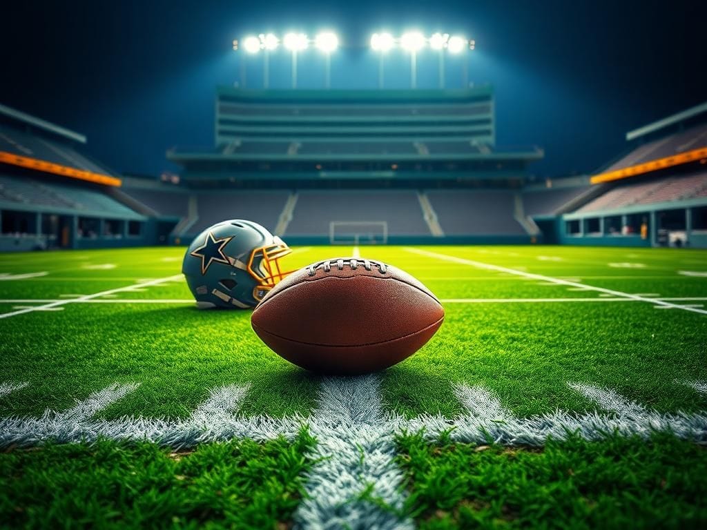 Flick International Dramatic football scene at Lambeau Field with a football on the green turf