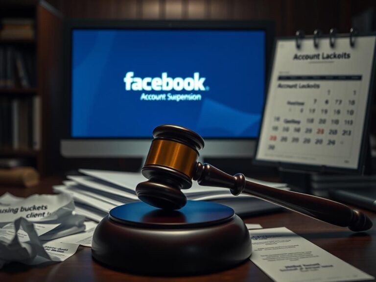 Flick International Close-up of a gavel on legal documents with a Facebook account suspension notification on a computer screen