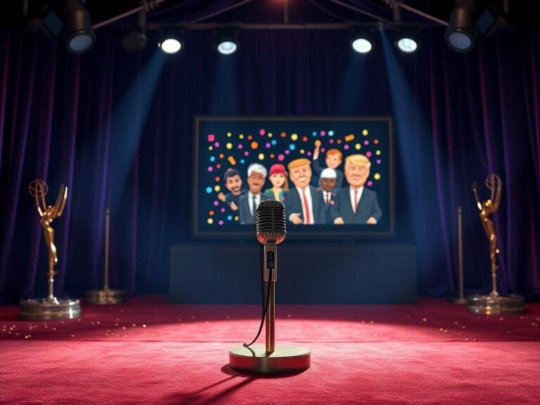 Flick International Dimly lit Emmy Awards red carpet with golden stars and a polished microphone podium symbolizing late-night comedy.