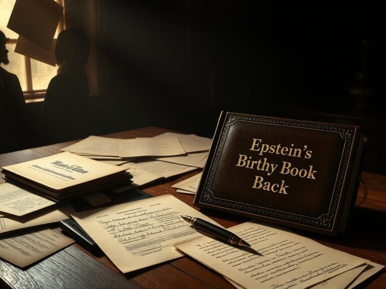 Flick International A dimly lit room with shadowy silhouettes of legal documents and an ornate leather-bound book titled 'Epstein's Birthday Book'.