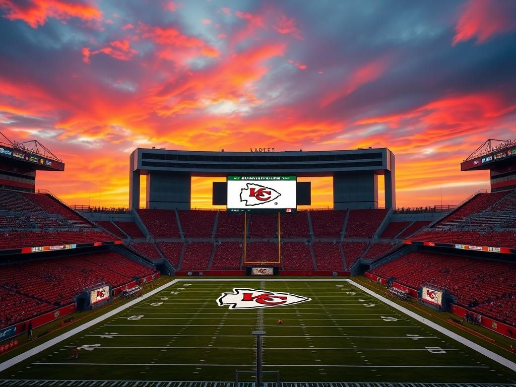Flick International Dynamic depiction of Arrowhead Stadium at sunset with empty bleachers and football equipment