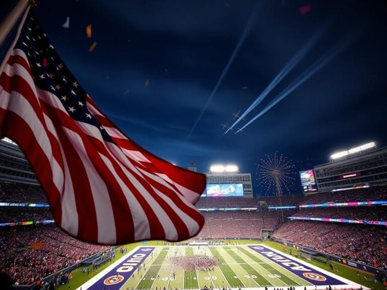 Flick International A vibrant scene at Soldier Field with a large American flag during the national anthem performance