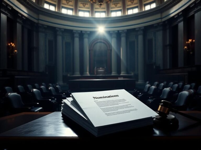 Flick International Dramatic view of the U.S. Senate chamber with stacked nomination documents