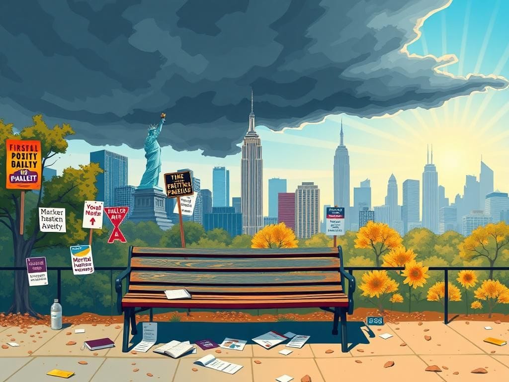 Flick International Stylized representation of New York City with iconic landmarks and a symbolic park bench