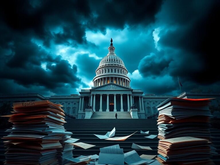 Flick International U.S. Capitol building under dark clouds with stacks of urgent paperwork