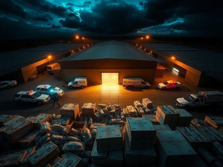 Flick International Aerial view of a drug bust scene with police vehicles and labeled crates