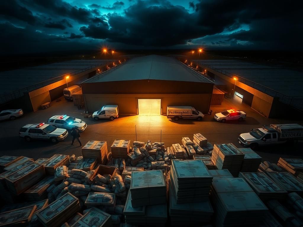 Flick International Aerial view of a drug bust scene with police vehicles and labeled crates