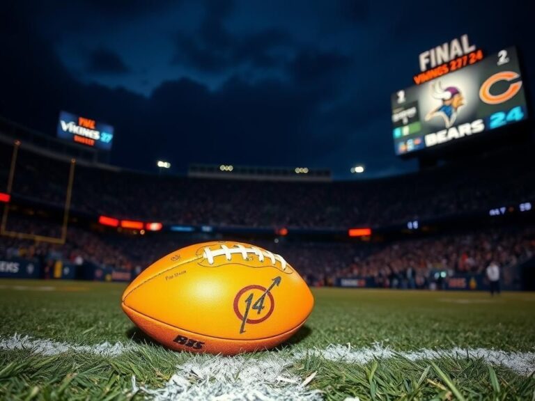 Flick International A Minnesota Vikings football resting on the 14-yard line during a dramatic night game against the Chicago Bears