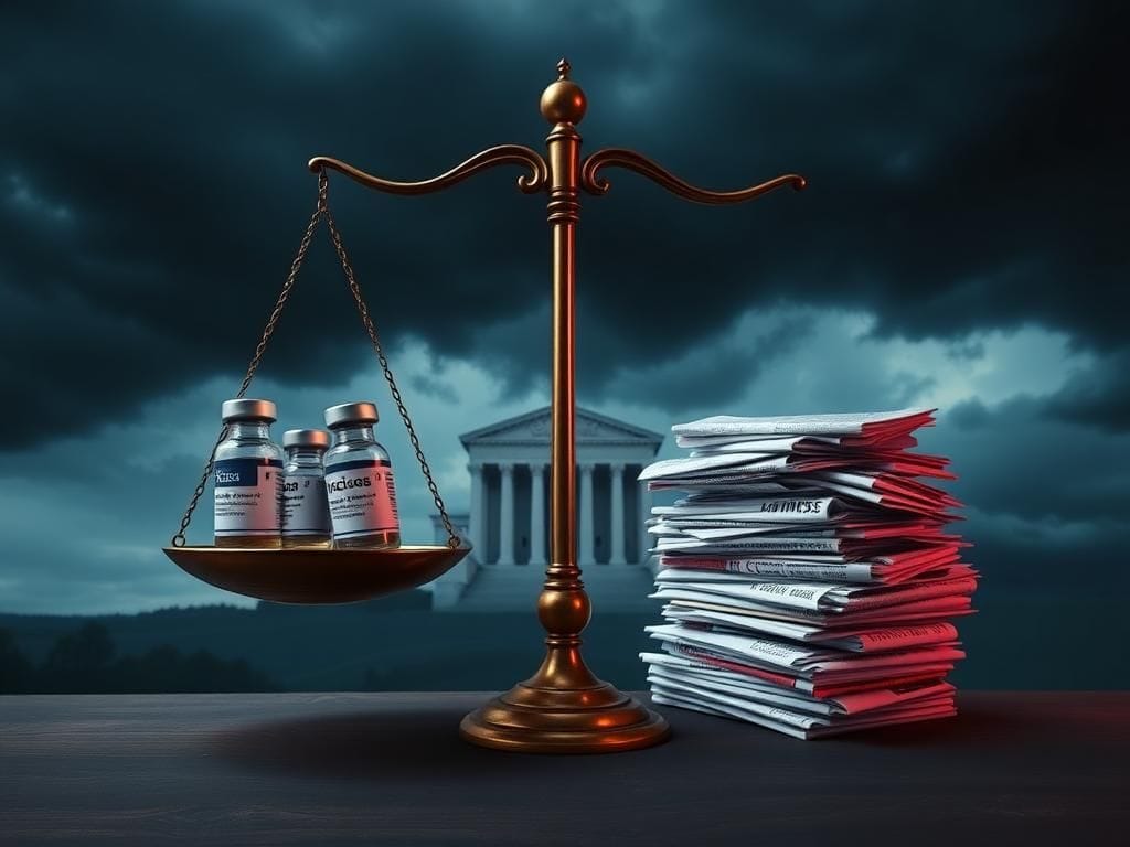 Flick International A scale balancing vaccine vials against chaotic vaccination controversy headlines