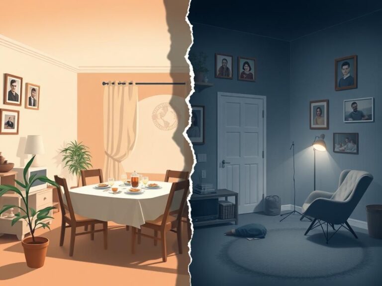 Flick International A split scene illustrating contrasting households divided by political differences, showcasing the impact on family dynamics.