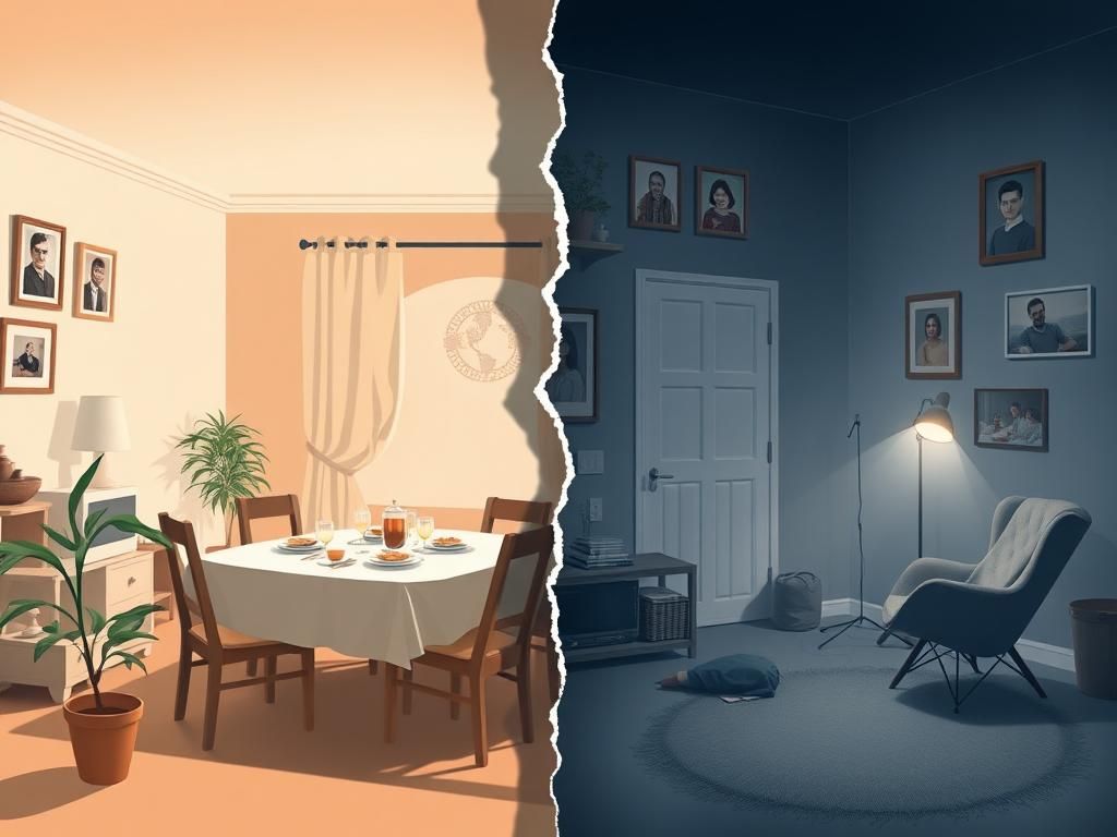 Flick International A split scene illustrating contrasting households divided by political differences, showcasing the impact on family dynamics.