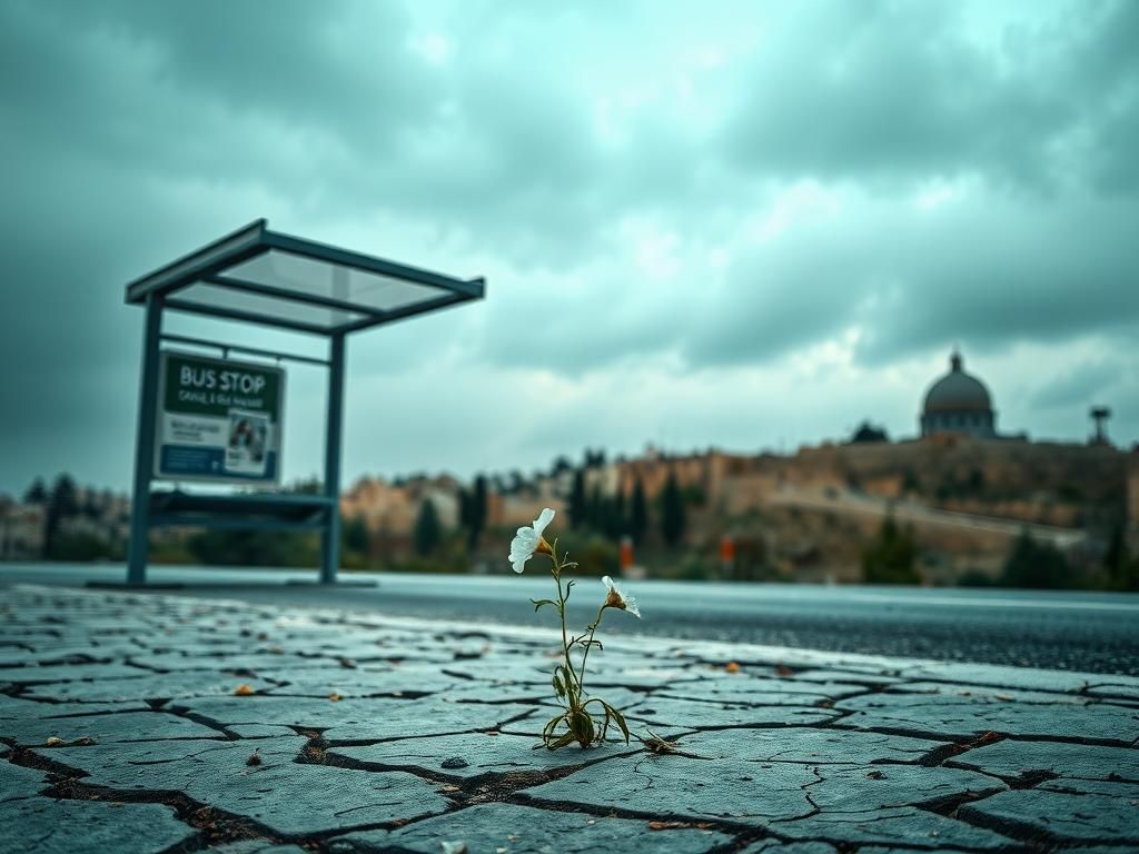 Flick International A quiet Jerusalem bus stop with a single wilted morning glory flower symbolizing resilience.