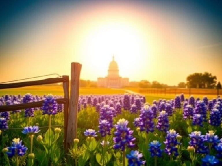Flick International Vibrant Texas landscape with bluebonnet flowers under a sunny sky and a silhouette of the Texas Capitol
