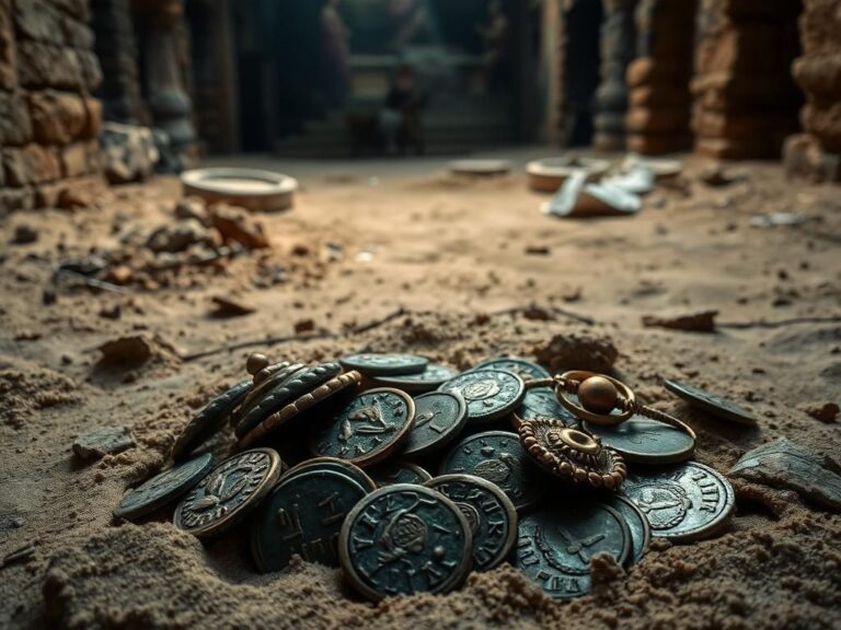 Flick International Ancient Roman coins and ornaments displayed in an excavation site