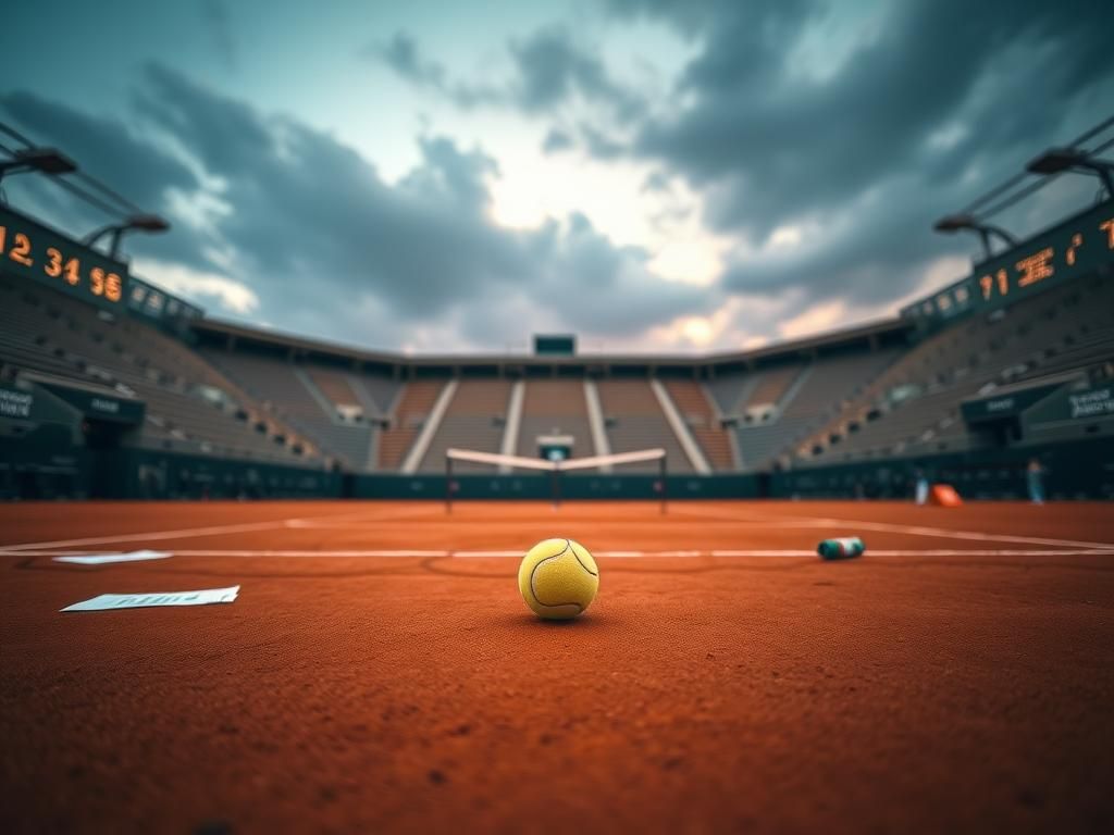 Flick International Close-up view of a tennis court at Arthur Ashe Stadium with a suspended tennis ball and discarded items reflecting post-match emotions